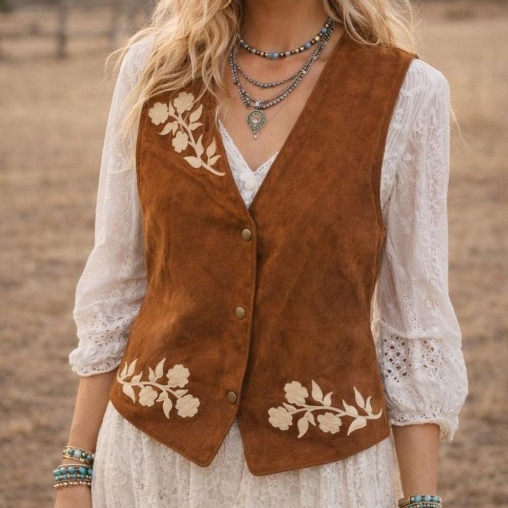 Free People Dancassab Embroidered Suede Vest in Brown